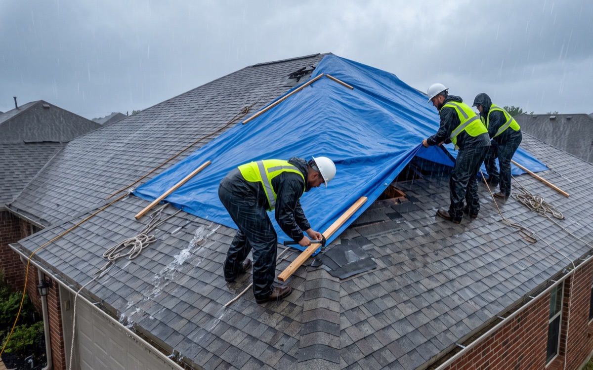 An emergency tarp secured over storm damage on a roof